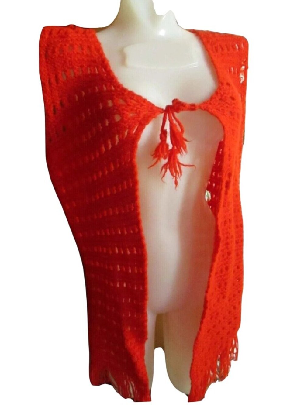 Vintage Medium Cape Sweater 1970s Orange Net Shawl Womens Mod Hippy Distress